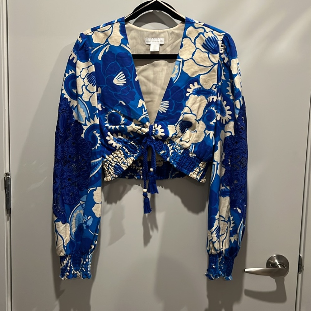House of Harlow 1960 Blue Paisley Linen Maxi Skirt Set - Picture 2 of 9